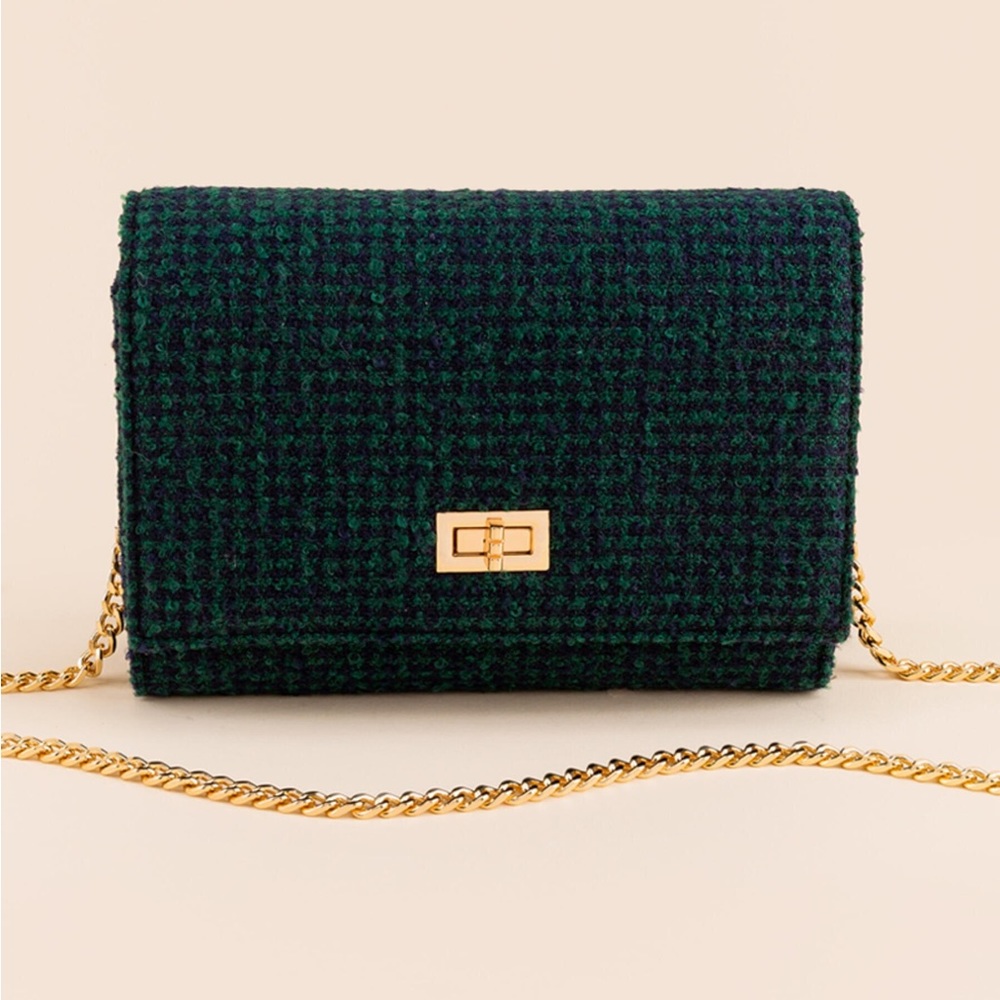 Green and navy blue checker crossbody bag